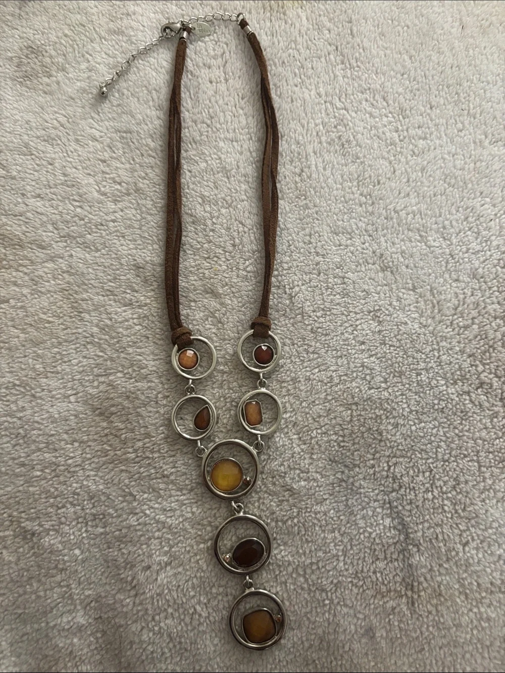 Lia Sophia Alex Y-Drop Necklace Leather Cord Crystals Earthtone